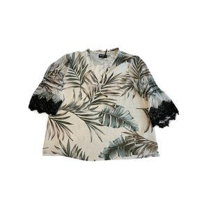 NWOT XL Karl Lagerfeld Paris IVORY Blouse V Neck 3/4 LACE TRIM PEASANT SLEEVE